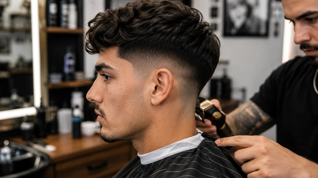 Barber réalisant une coupe à l’espagnol avec dégradé fondu sur un homme dans un salon moderne.