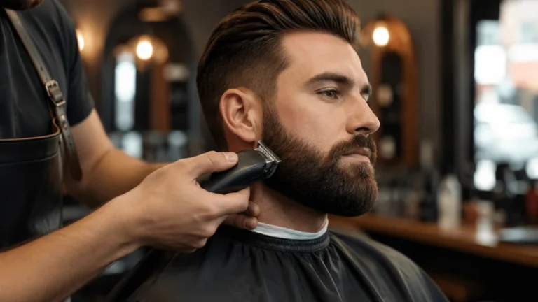 Homme barbu chez le barbier pendant une coupe de barbe homme soignée et moderne.