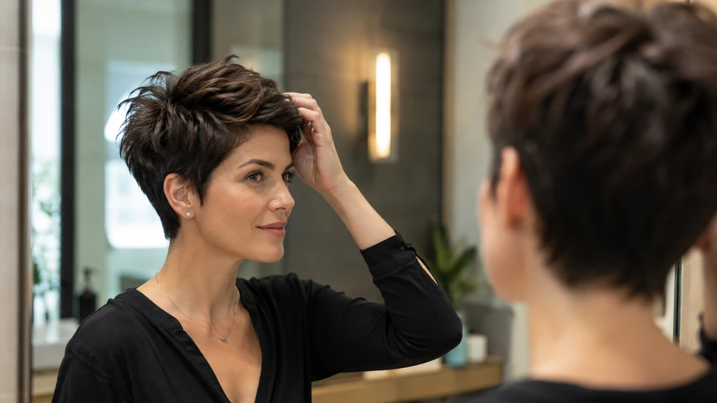 Femme aux cheveux épais portant une coupe pixie texturée devant un miroir dans une salle de bain moderne.