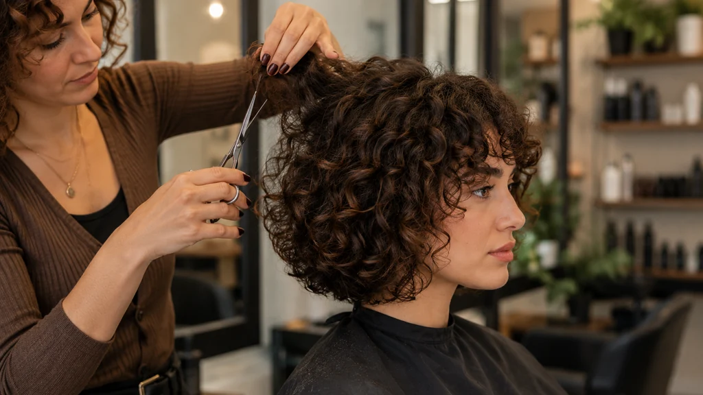 Coiffeuse réalisant une coupe sur cheveux bouclés femme dans un salon moderne et lumineux.