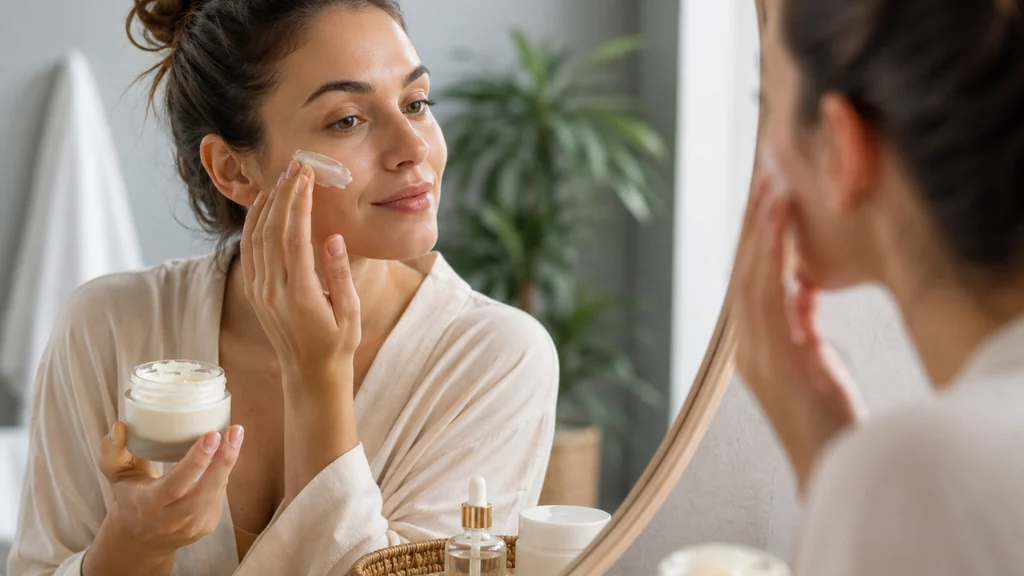 Femme appliquant une crème visage hydratante devant un miroir dans une routine soin anti-âge naturelle.