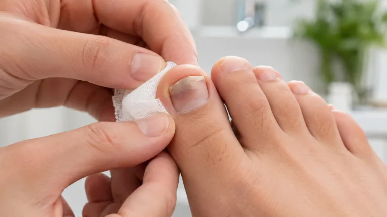 Soin doux d’un ongle du gros orteil légèrement décollé avec une compresse propre dans une salle de bain lumineuse.