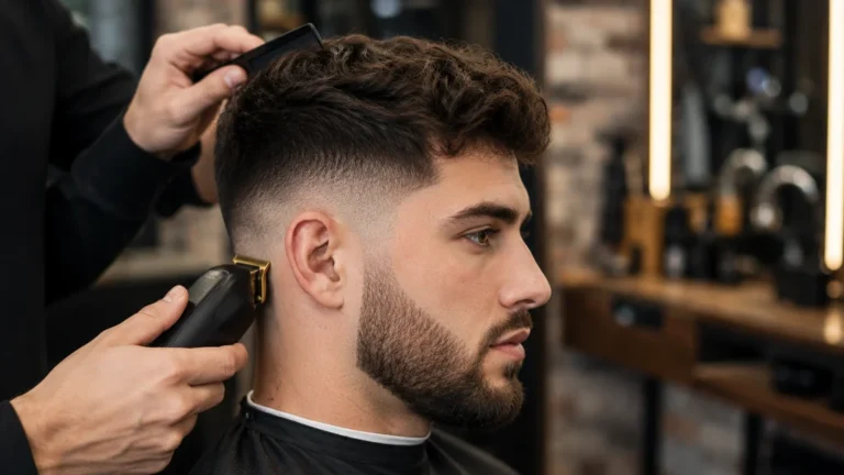 Barber réalisant un dégradé américain à la tondeuse sur un homme dans un salon de coiffure moderne.