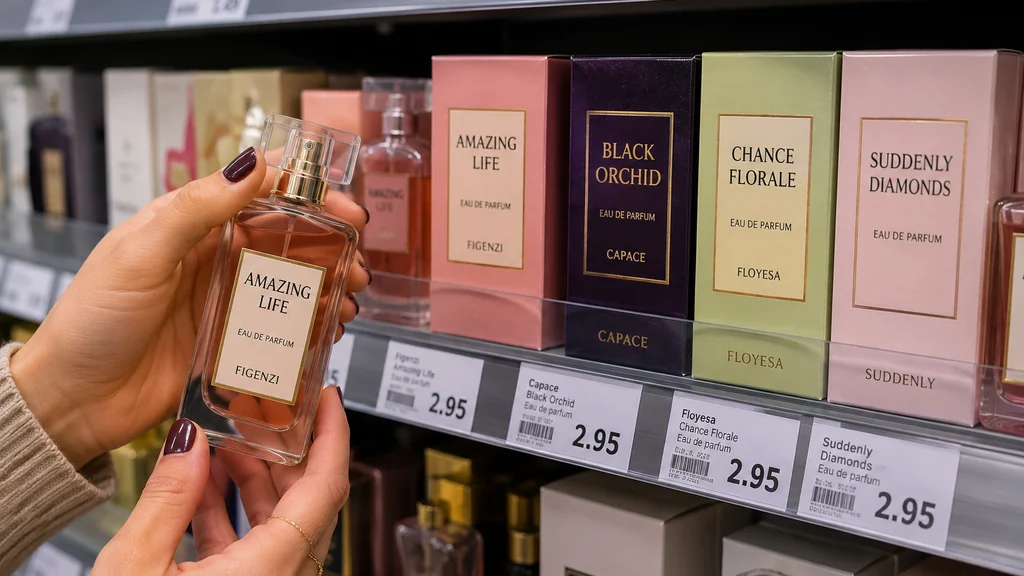 Personne comparant des parfums pas chers en rayon pour trouver un dupe parfum Action au meilleur rapport qualité prix.