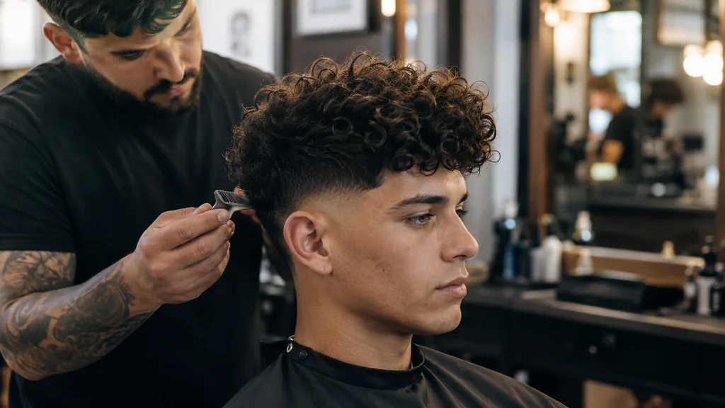 Homme aux cheveux bouclés en train de recevoir une coupe structurée chez le barbier.