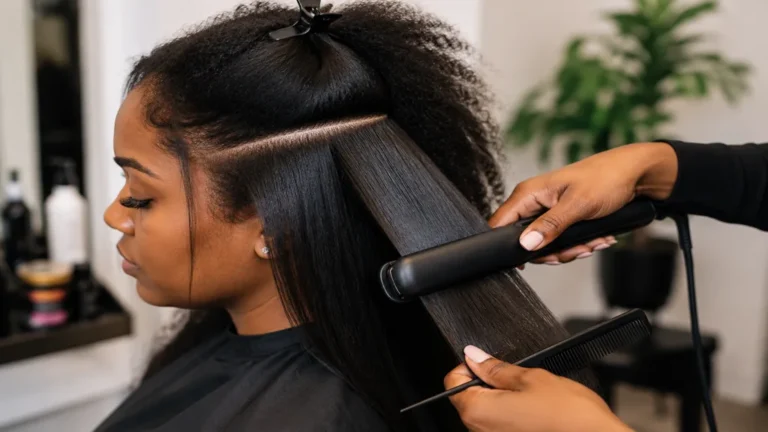 Lissage de cheveux crépus au fer à lisser dans un salon de coiffure professionnel.