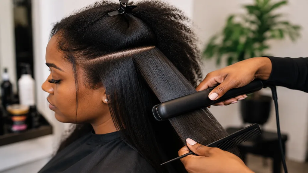 Lissage de cheveux crépus au fer à lisser dans un salon de coiffure professionnel.