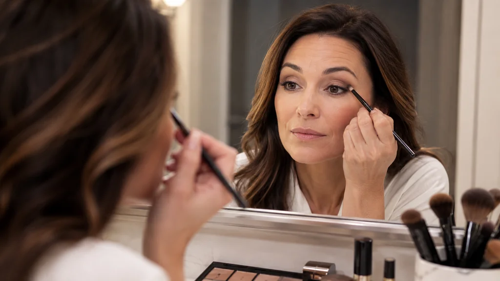 Femme appliquant un maquillage sur une paupière tombante devant un miroir avec un pinceau, pour ouvrir et rehausser le regard.