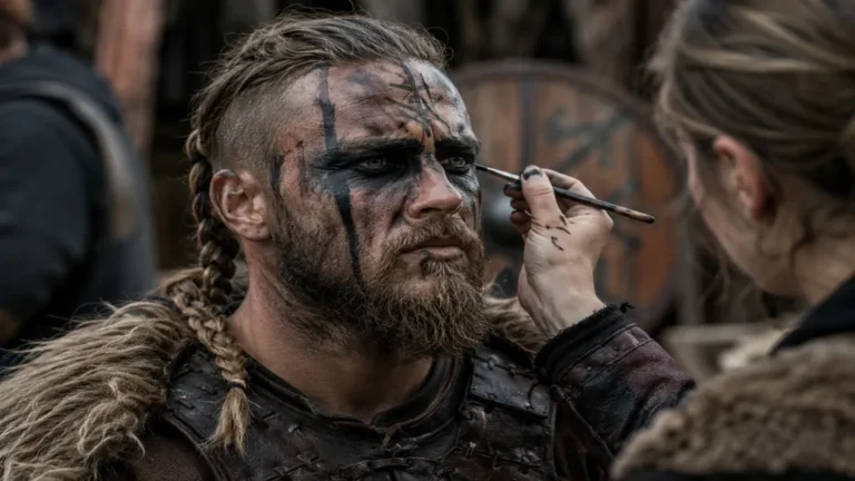 Homme avec maquillage viking guerrier noir et symboles nordiques pendant une préparation de cosplay médiéval réaliste.