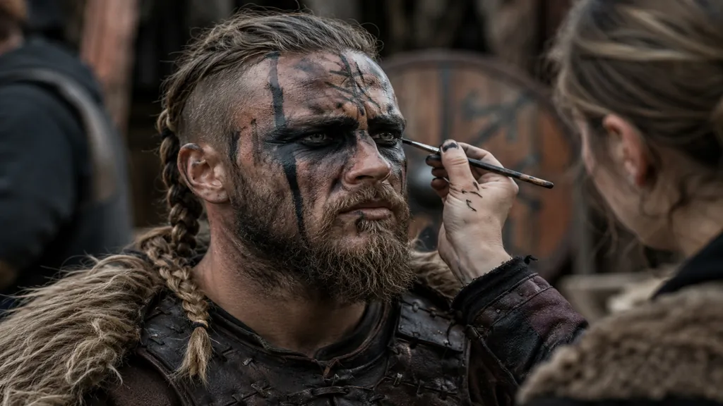 Homme avec maquillage viking guerrier noir et symboles nordiques pendant une préparation de cosplay médiéval réaliste.