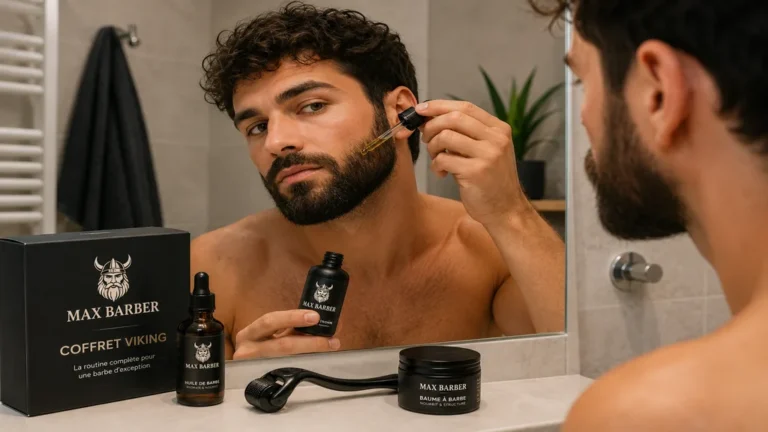 Homme appliquant un sérum de barbe devant un miroir dans une routine de soin masculine.