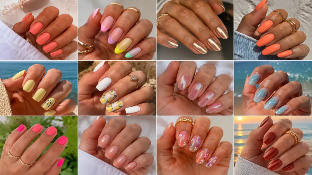 Inspirations manucure été avec ongles colorés, french revisitée, motifs fruités et couleurs pastel.