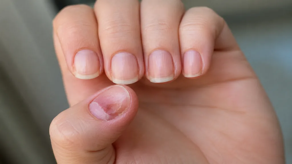Ongle abîmé en cours de repousse après un choc sur le pouce, sans blessure visible importante.