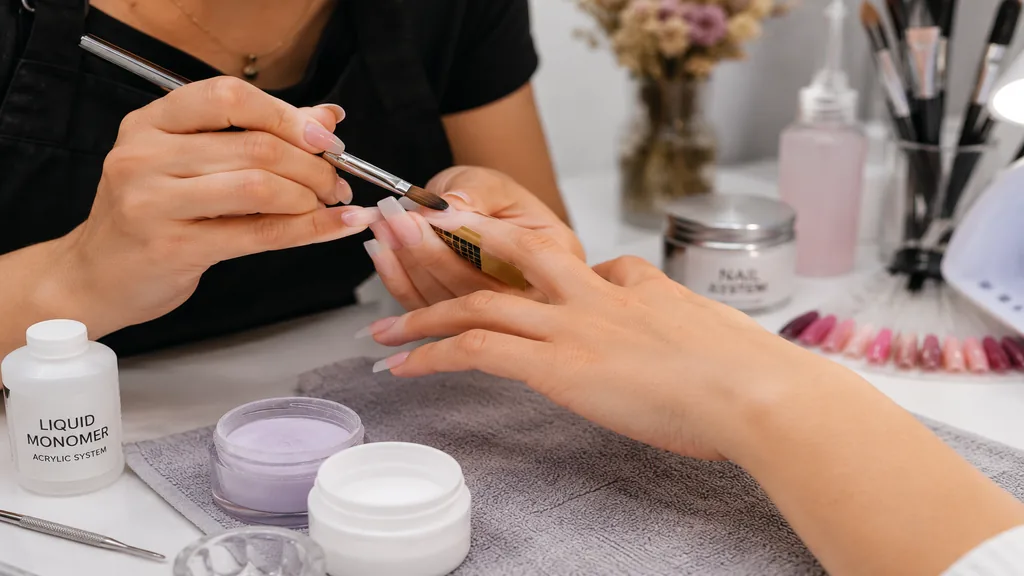 Prothésiste ongulaire appliquant de la résine acrylique sur les ongles en institut.
