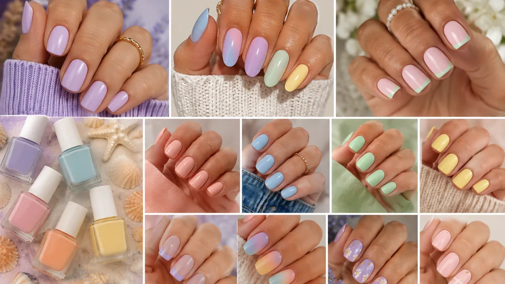 Manucures pastel d’été avec ongles lilas, bleu ciel, vert menthe, rose poudré, pêche et jaune beurre.