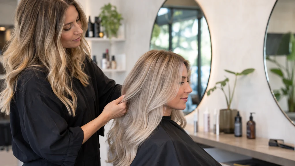 Coiffeuse appliquant une patine sur des cheveux blonds froids dans un salon moderne et lumineux.