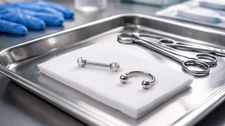Bijou de piercing stérile posé sur un plateau médical en inox dans un studio de piercing propre et moderne