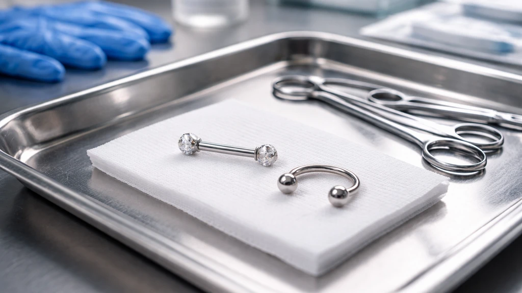 Bijou de piercing stérile posé sur un plateau médical en inox dans un studio de piercing propre et moderne