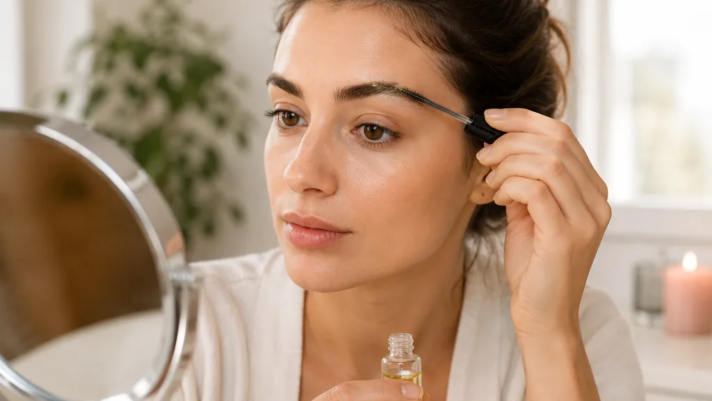 Femme appliquant un soin sur ses sourcils avec une petite brosse devant un miroir dans une salle de bain lumineuse.
