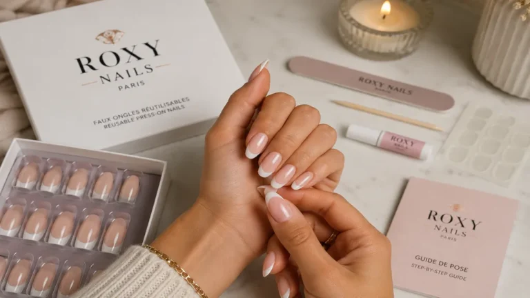 Mains avec faux ongles press-on au rendu manucure soigné dans une ambiance beauté élégante.