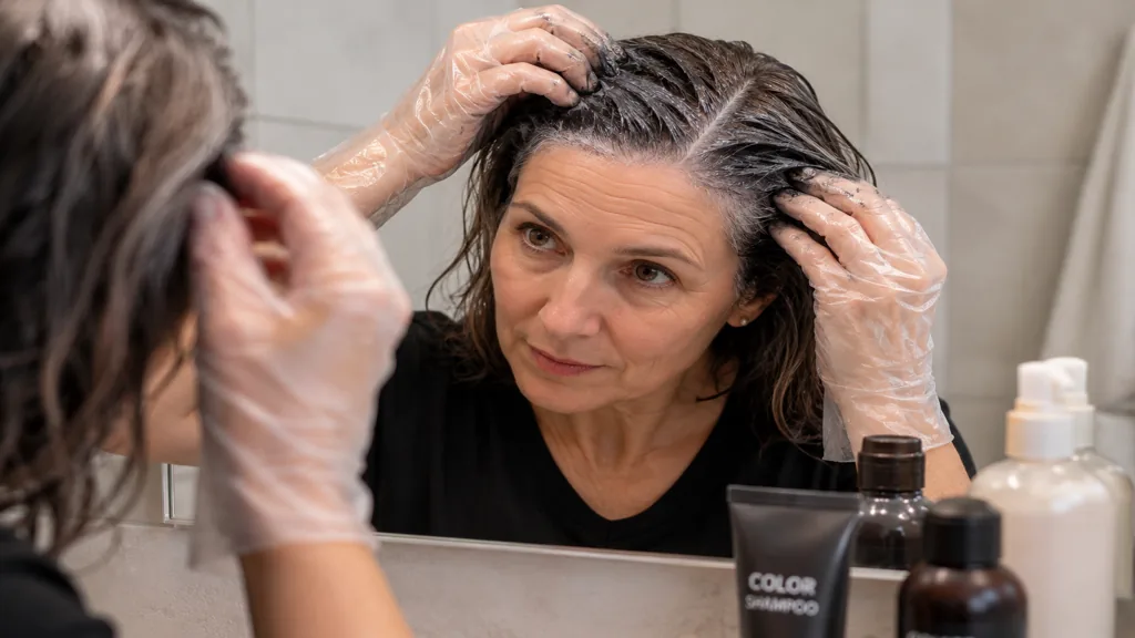 Femme appliquant un shampoing colorant sur cheveux blancs devant un miroir de salle de bain.