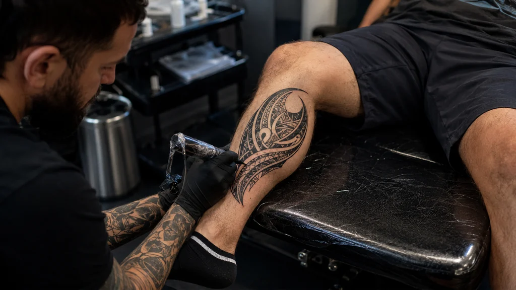 Tatoueur réalisant un tatouage tribal sur le mollet d’un homme dans un studio professionnel.