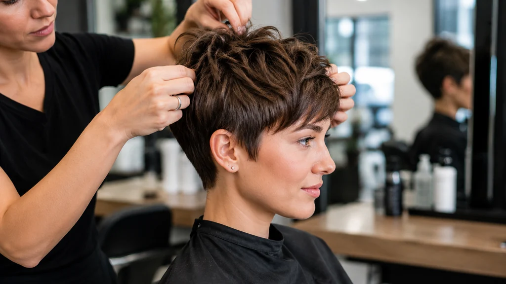 Coiffeuse travaillant une coupe courte texturée sur une femme au visage rond dans un salon moderne.