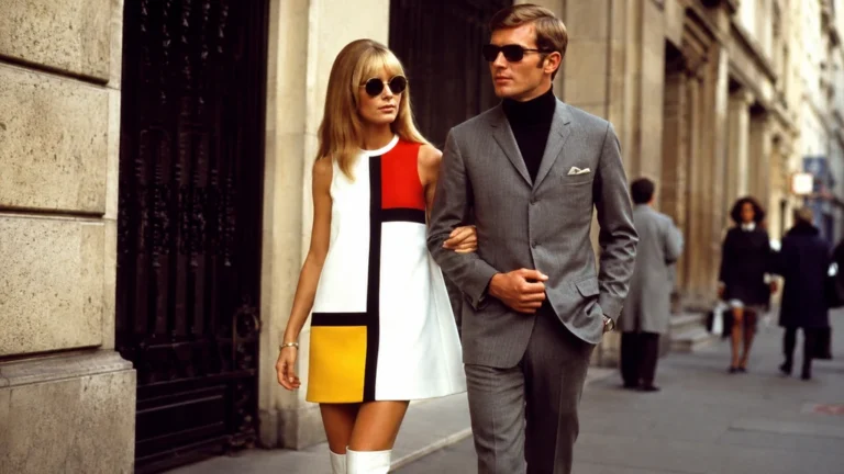 Couple en tenue année 60 avec robe trapèze géométrique, bottes blanches, costume slim et col roulé