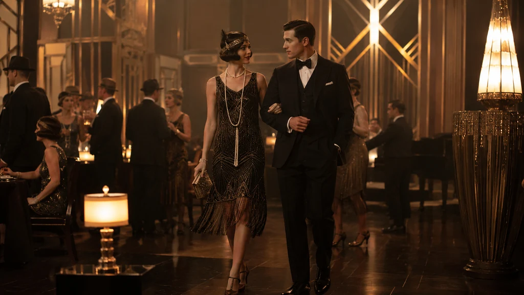 Couple élégant en tenue années 20 lors d’une soirée Gatsby avec robe Charleston, perles et costume trois-pièces
