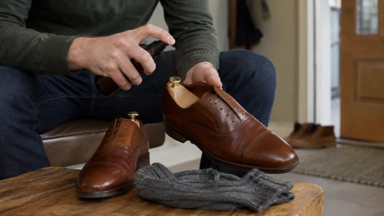Application d’un spray assouplissant sur des chaussures en cuir avec embauchoir en bois