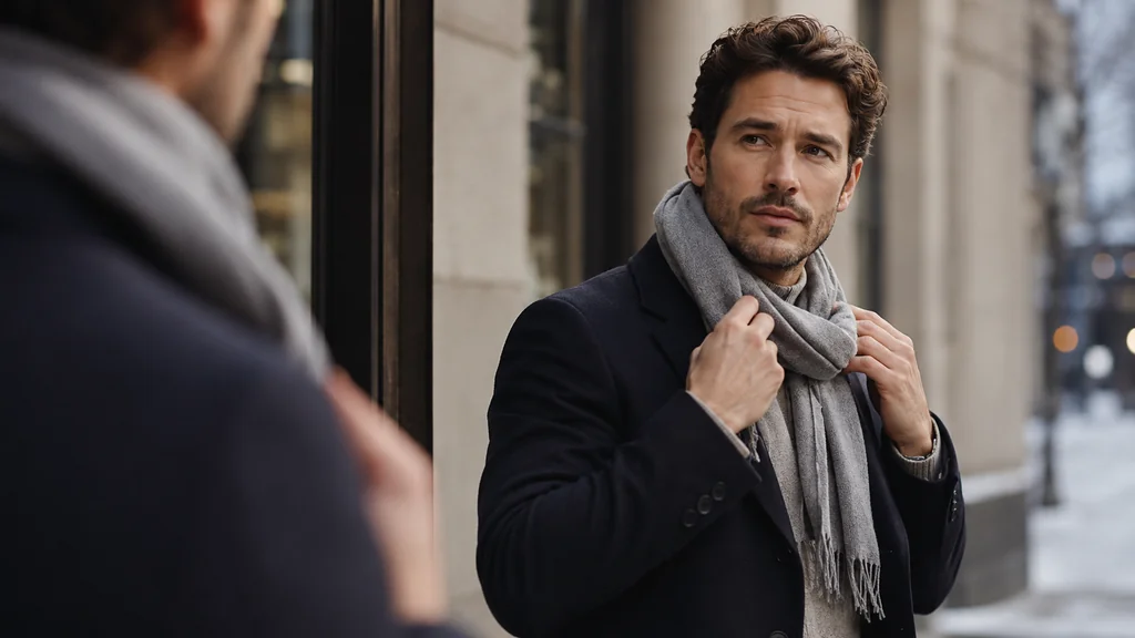 Homme ajustant une écharpe grise avec style sur un manteau foncé en ville