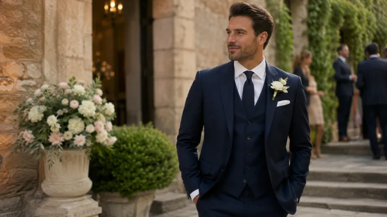Homme élégant en costume trois pièces bleu marine lors d’un mariage en extérieur