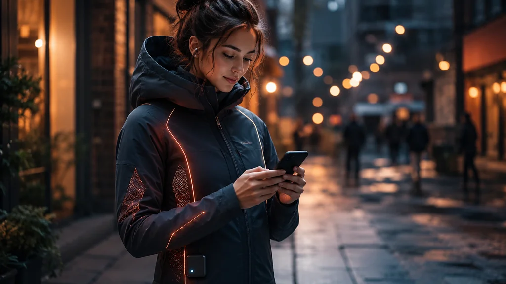 Image réaliste d’une veste connectée lumineuse contrôlée depuis un smartphone dans une rue urbaine de nuit