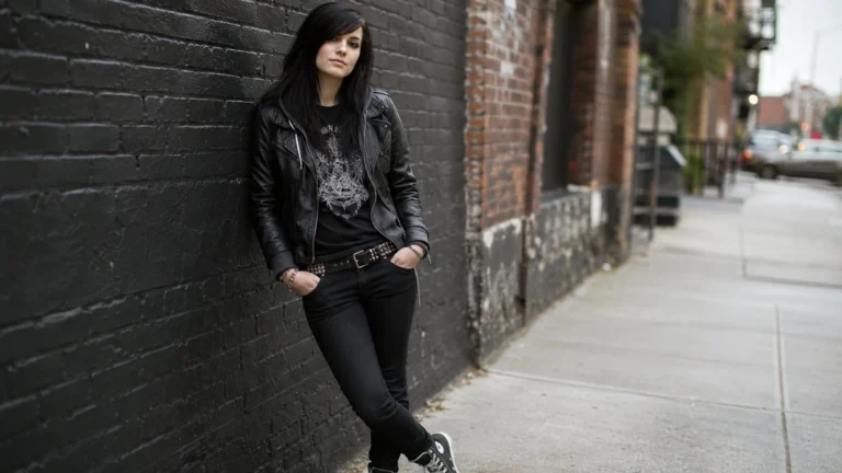Jeune femme au style emo portant veste en cuir, jean noir skinny et t-shirt graphique dans une rue urbaine