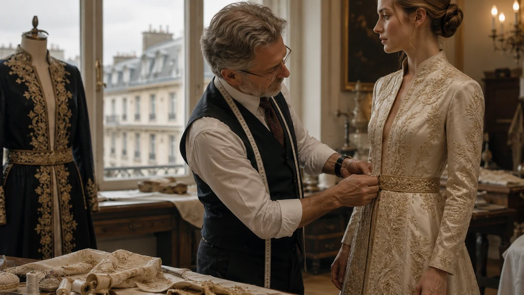 Couturier ajustant un vêtement traditionnel brodé dans un atelier parisien