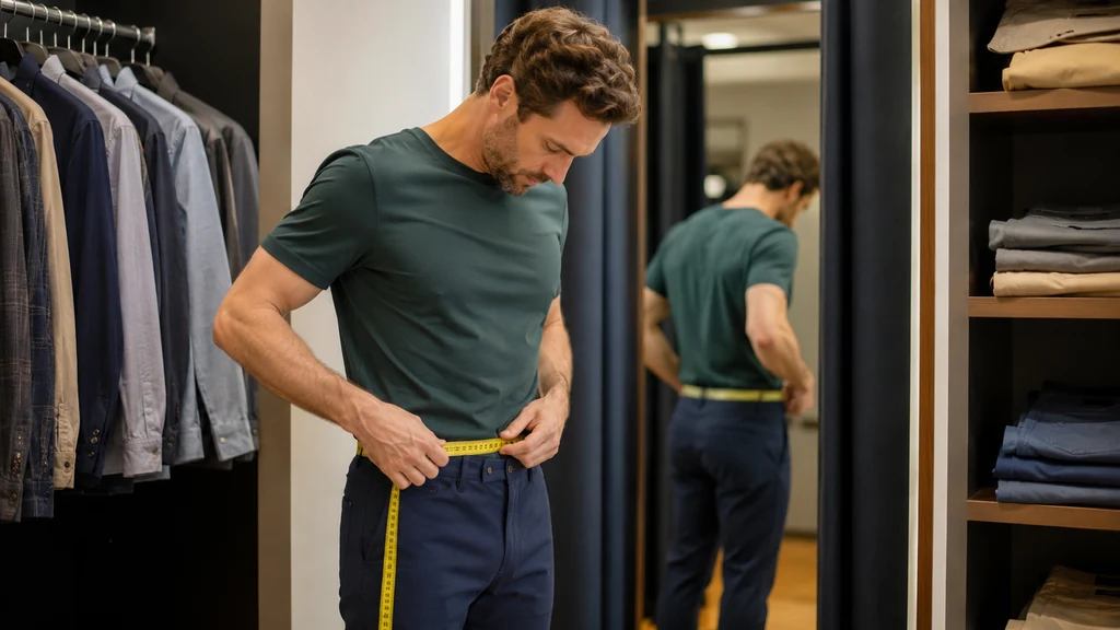Homme mesurant son tour de taille dans un dressing pour choisir la bonne taille de pantalon homme