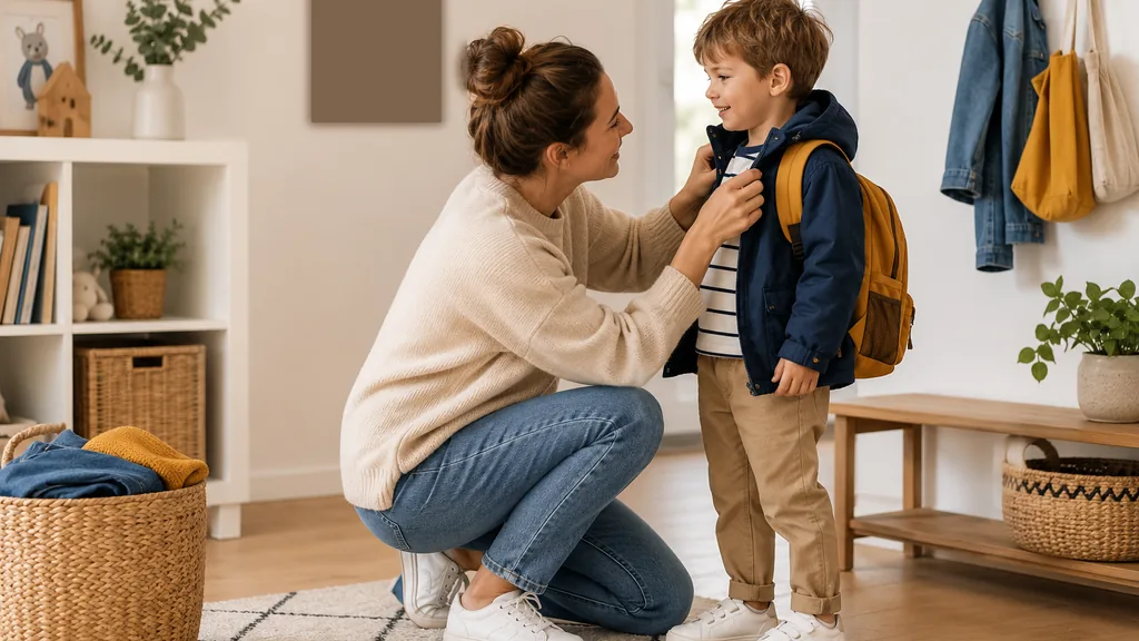 Maman aidant son enfant à enfiler sa veste avant l’école dans une chambre lumineuse