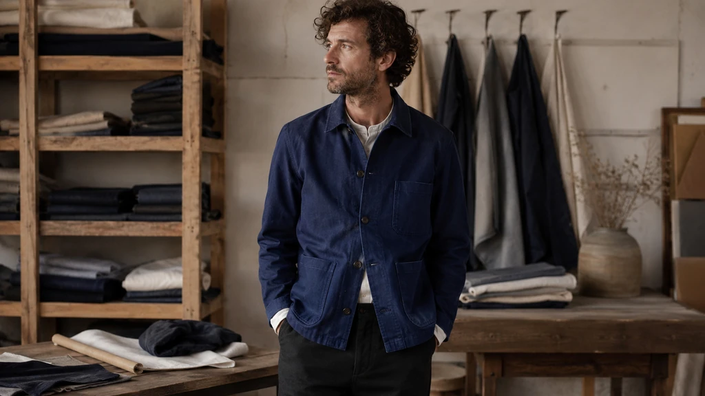 Homme portant une veste de travail bleue dans un atelier textile artisanal