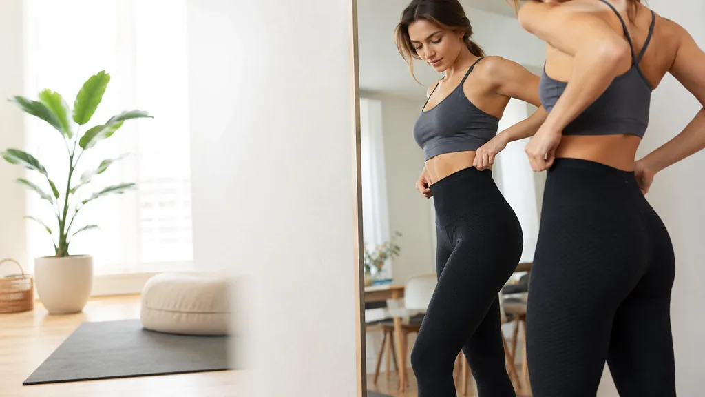 Femme ajustant un legging taille haute sculptant devant un miroir dans un intérieur lumineux