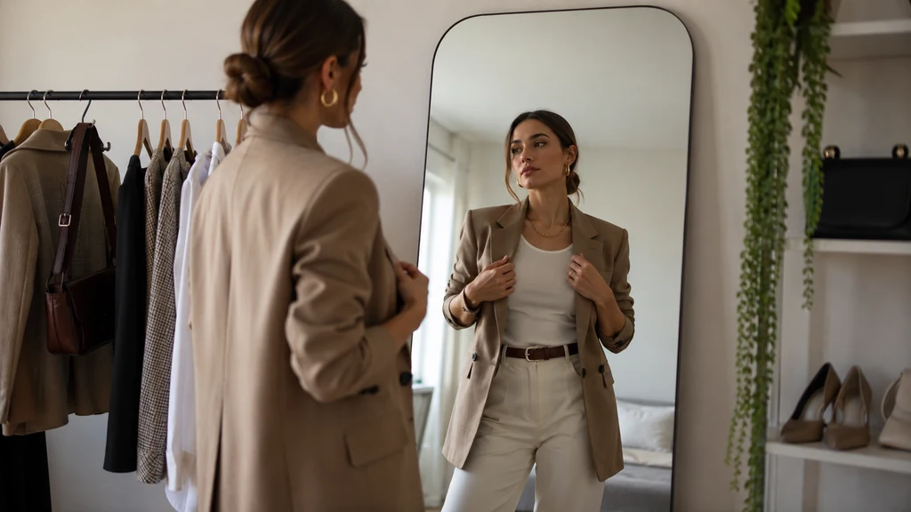 Femme composant un look personnel devant un miroir avec blazer beige, pantalon clair et accessoires sobres