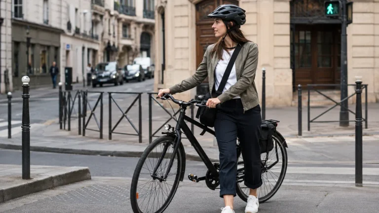 Femme en tenue de vélo urbaine avec casque et pantalon confortable à côté de son vélo en ville