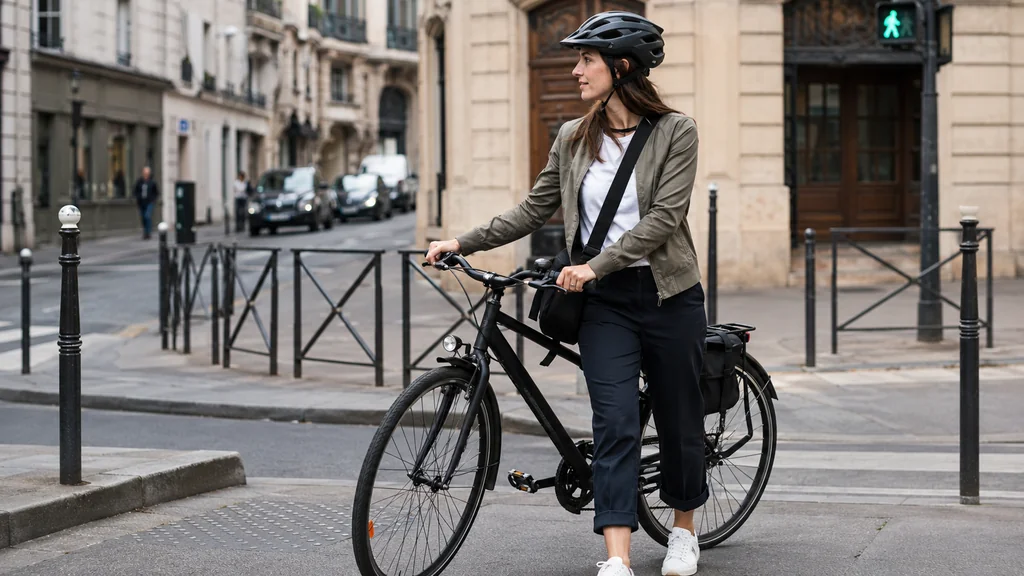 Femme en tenue de vélo urbaine avec casque et pantalon confortable à côté de son vélo en ville