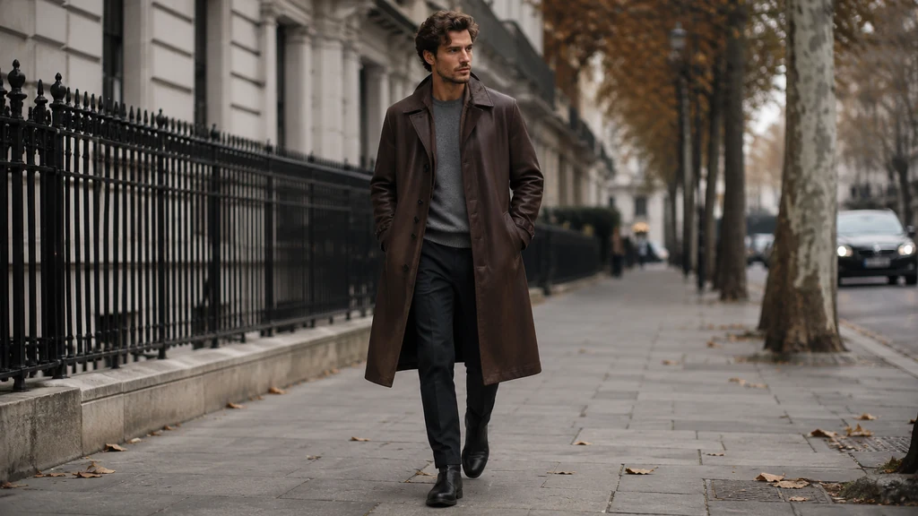 Homme élégant portant un manteau cuir long avec pull sobre, pantalon foncé et bottines dans une rue urbaine en automne