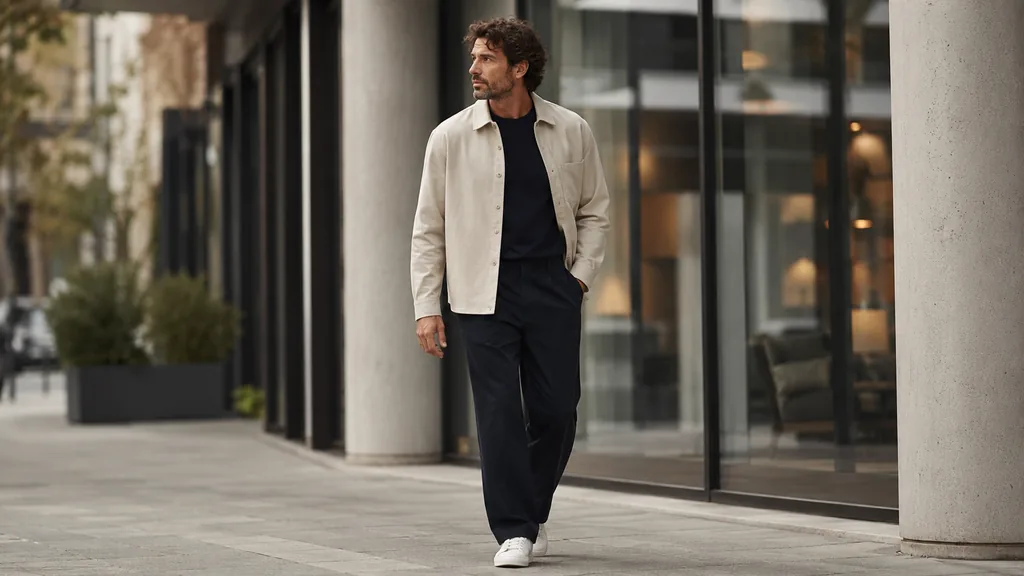 Homme élégant en tenue casual chic moderne dans un cadre urbain