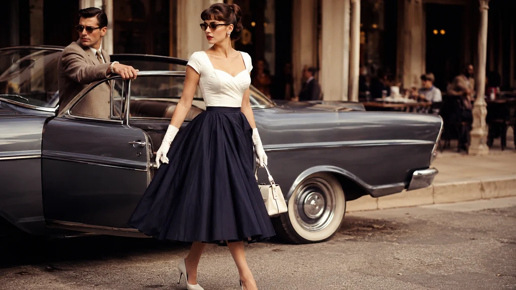 Femme élégante en tenue années 50 avec jupe évasée près d’une voiture vintage