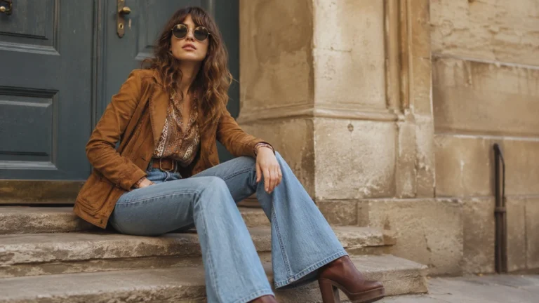 Femme portant un look mode années 70 avec jean flare, veste camel et lunettes rondes