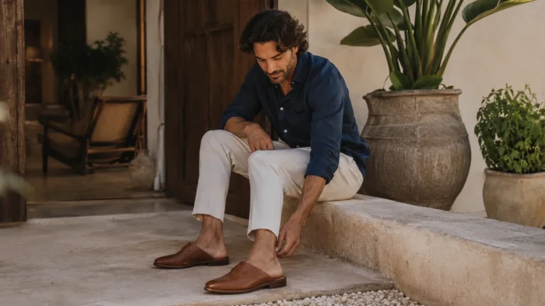Homme portant des mules en cuir marron avec une tenue estivale élégante sur une terrasse