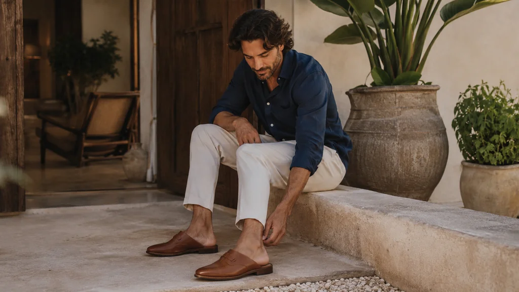 Homme portant des mules en cuir marron avec une tenue estivale élégante sur une terrasse