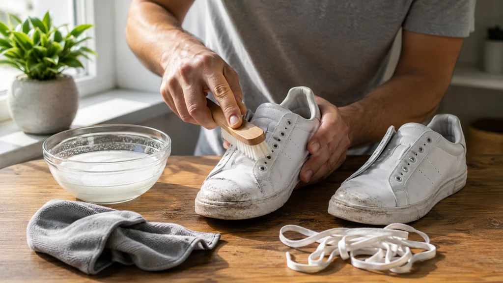 Personne nettoyant des baskets blanches avec une brosse douce un chiffon et de l’eau savonneuse