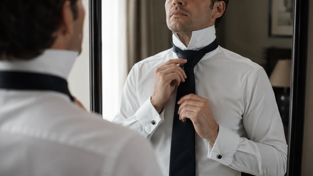 Homme ajustant un nœud de cravate double devant un miroir avec une chemise blanche élégante